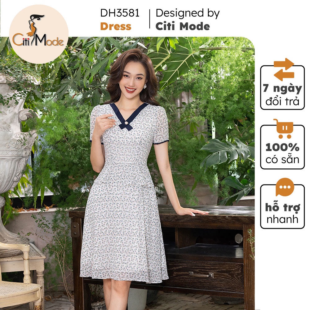 Đẩm xòe hoa nhí công sở CITI MODE cổ phối viền chất Voan cao cấp 2 lớp DH3581