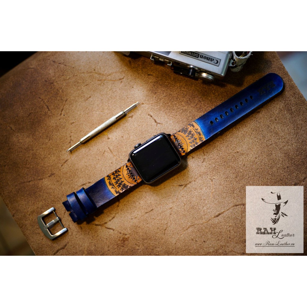 Dây apple watch da bò vegtan Italia xanh navy RAM Leather simple Trống Đồng Việt Nam