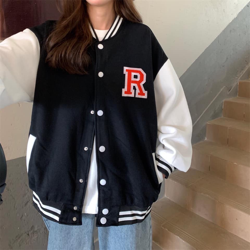 AK012 Áo bomber R 2 màu xanh đen tay trắng nam nữ dáng rộng, áo khoác nam nữ mùa đông form to tay bo cúc bấm cá tính