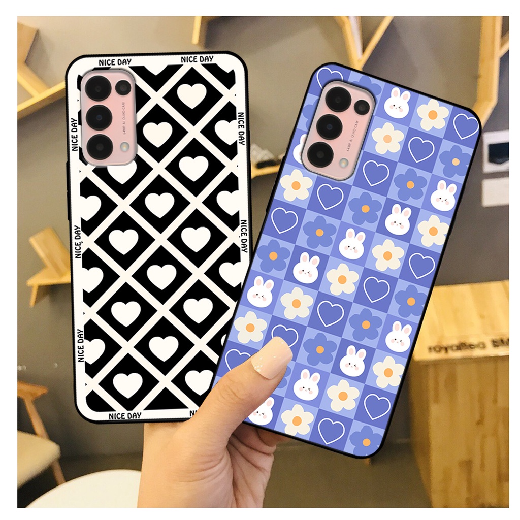 Ốp lưng Oppo Reno 5 4G / Reno 5 5G / Reno5 in hoạ tiết caro trái tim đen trắng, gấu bear cute đáng yêu