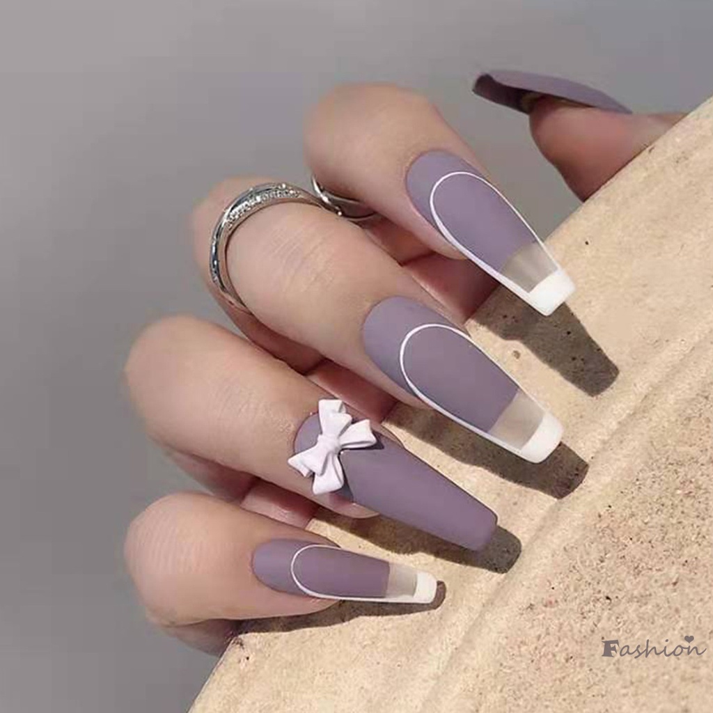 [Hàng mới về] Set 24 móng tay giả màu tím phong cách pháp làm đẹp cho nữ