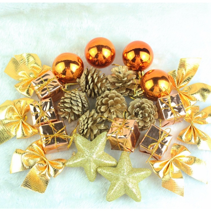 Hộp phụ kiện nhí 24 món trang trí cây thông PK01 vàng đồng nơ