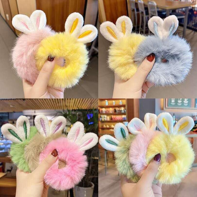 🌈Dây Cột Tóc Hình Tai Thỏ Phủ Lông Dễ Thương Thời Trang Thu Đông Cho Bé Gái