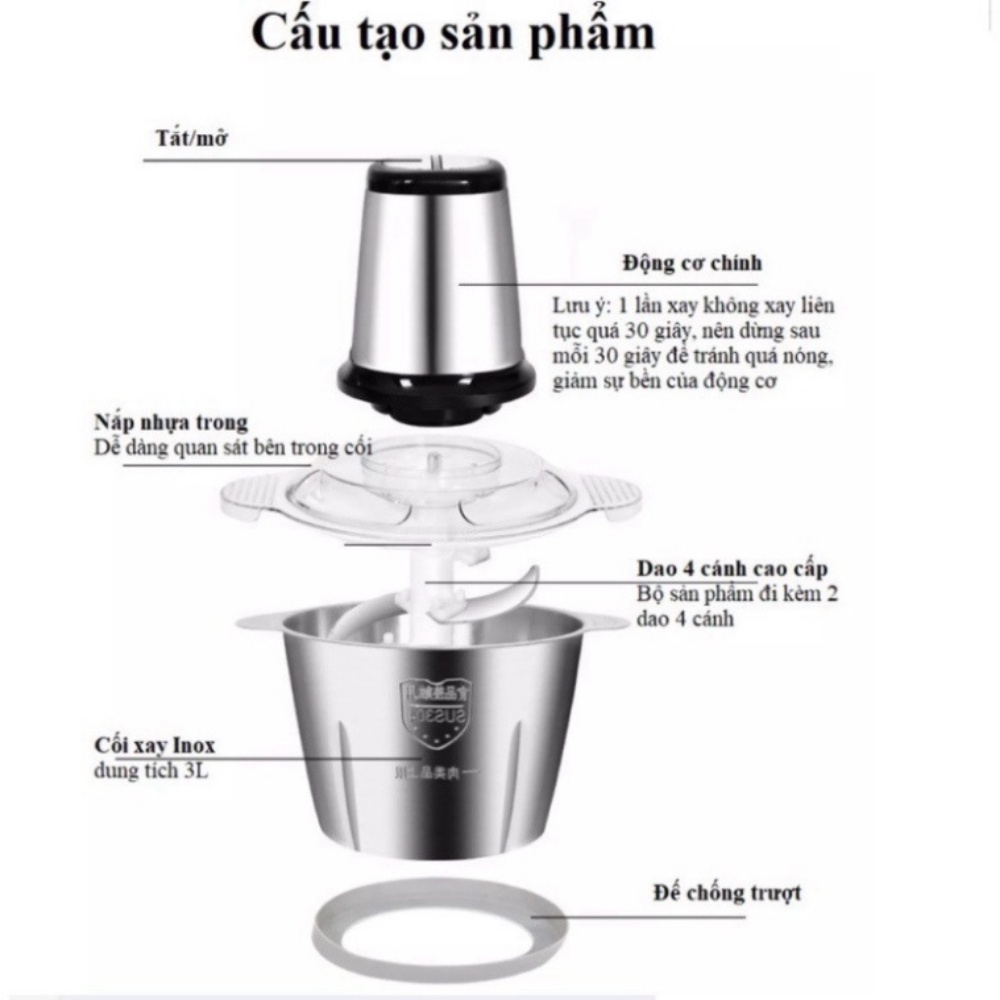 Máy xay thịt đa năng cối 2L inox 304 công suất mạnh mẽ 250W, cầm tay 2 chế độ xay với 4 lưỡi dao siêu bền.