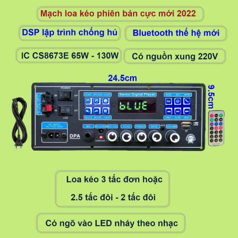 Mạch loa kéo 3 tấc đơn 3 đường tiếng DSP lập trình chống hú IC CS8673E 130W có nguồn xung 220V micro đôi