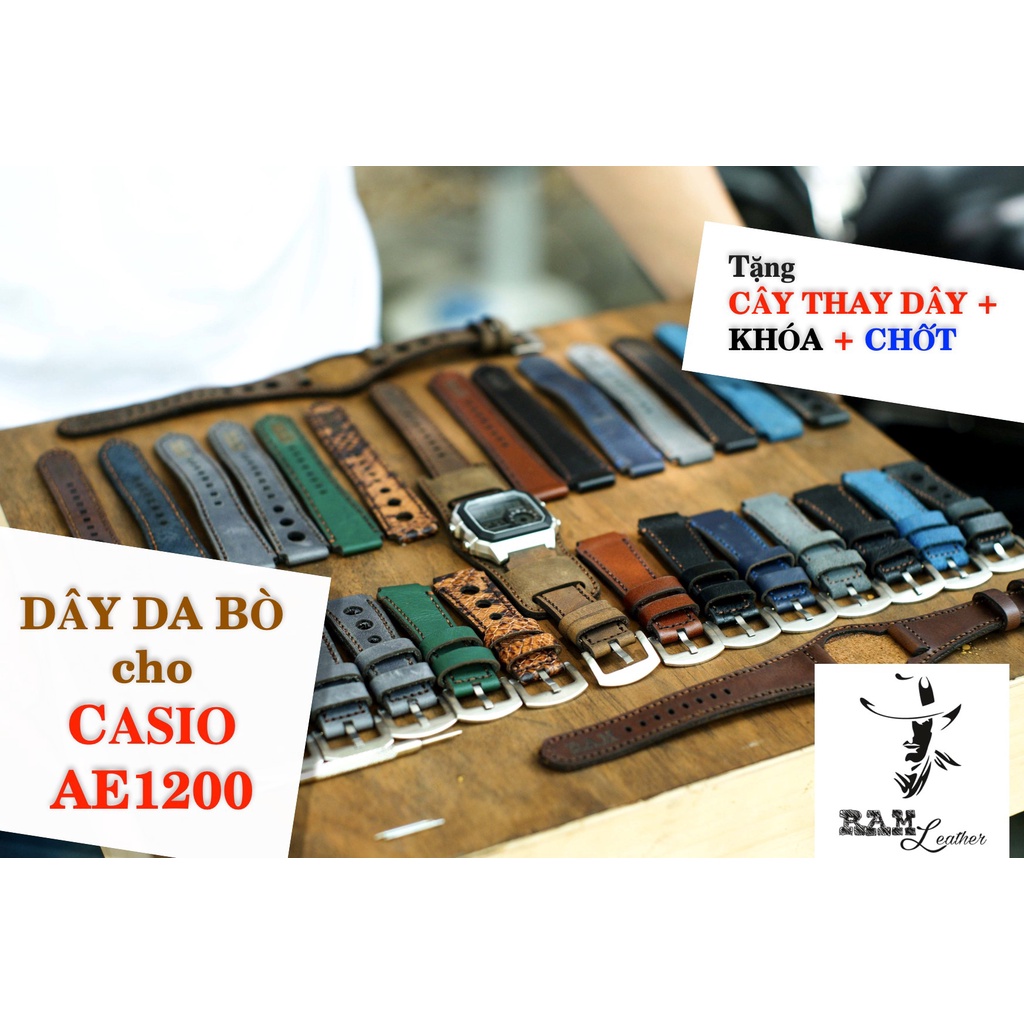 Dây đồng hồ RAM Leather cho CASIO 1200, AE 1200, 1300, 1100, A159 , A168 , Size 18 da bò Vegtan trống đồng nâu đỏ