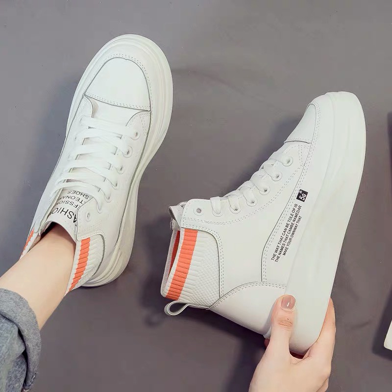 [Mã FAGREEN245 giảm 10% tối đa 30k đơn từ 99k] (VIDEO thật) Giày thể thao nữ da độn đế cao cổ len kẻ Cam Q5 | BigBuy360 - bigbuy360.vn