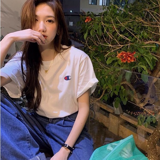 Áo phông Champion logo nhỏ, áo thun unisex tay lỡ, form rộng, chất cotton thoáng mát, Dorystore