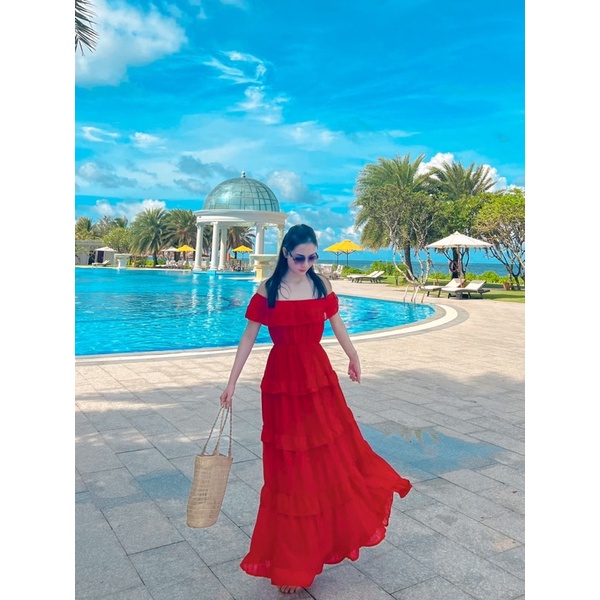 ❌Sale xã kho❌ chủ Đầm maxi trễ vai 5 tầng nhún thun eo đi biển du lịch 3 màu