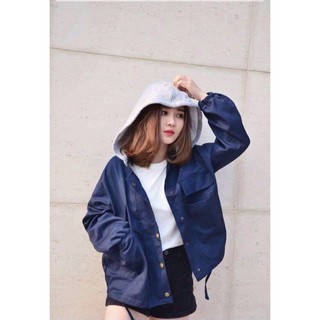 ÁO KHOÁC BOMBER NỮ CÓ NÓN MÀU XANH ĐEN - BBNU-XANHĐEN