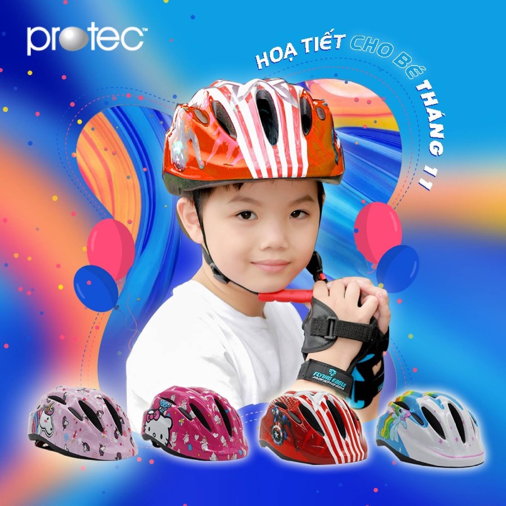 Nón bảo hiểm xe đạp trẻ em Protec SMILE, cho bé trai từ 1-12 tuổi, họa tiết mạnh mẽ năng động, có đèn hậu an toàn