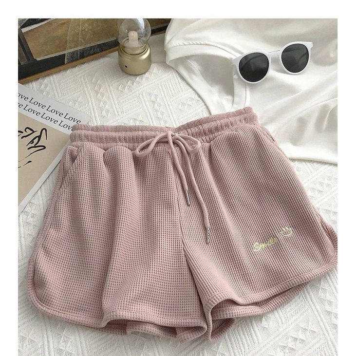Quần Short Thể Thao Nữ Meestore - Sooc Mặc Nhà Dáng Ngắn Chất Tổ Ong Thêu Smile Phong Cách Ullzang
