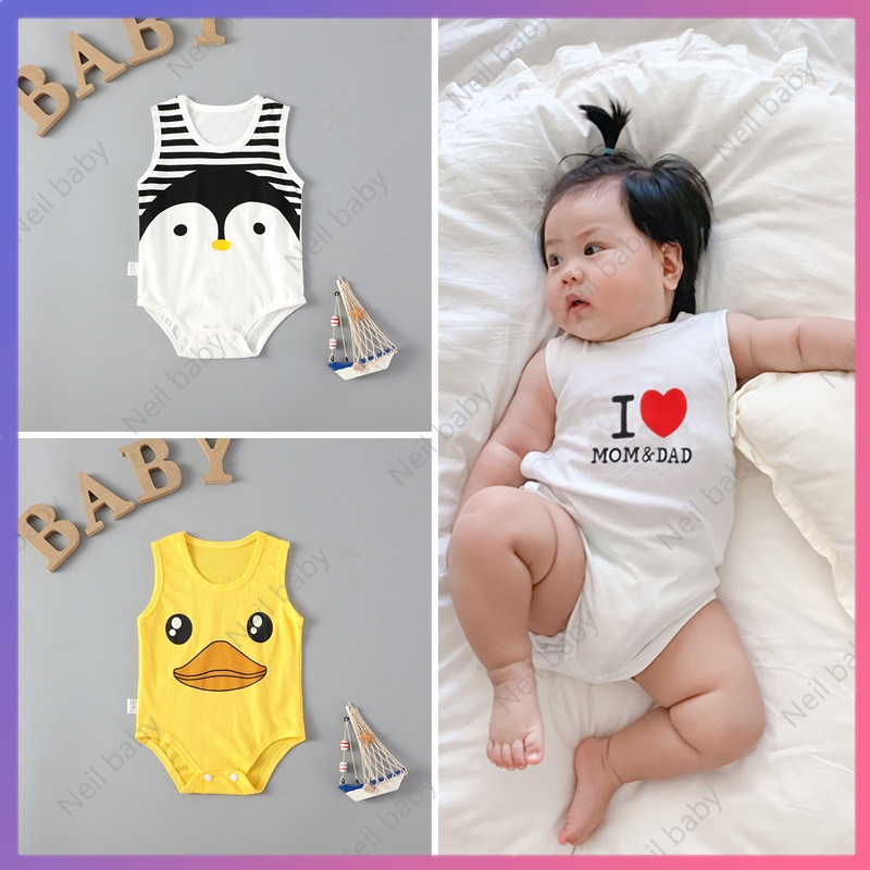Bộ Áo Liền Quần Sát Nách Vải cotton In Hoạt Hình Dễ Thương Cho Bé Sơ Sinh