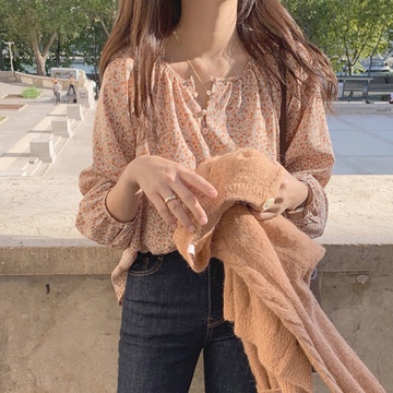 Áo Sơ Mi Chiffon Tay Dài Cổ Tròn Dáng Rộng In Hoa Nhỏ Kiểu Hàn Quốc Hàng Mới Dành Cho Bạn Nữ