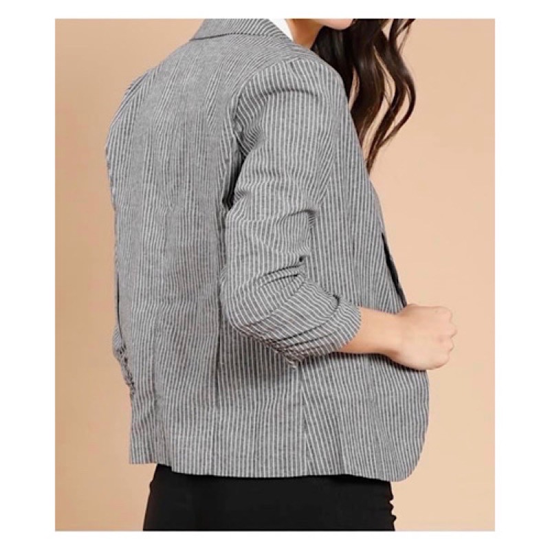 2022 Áo Vest Blazer Linen Sọc Xám Tay Lỡ