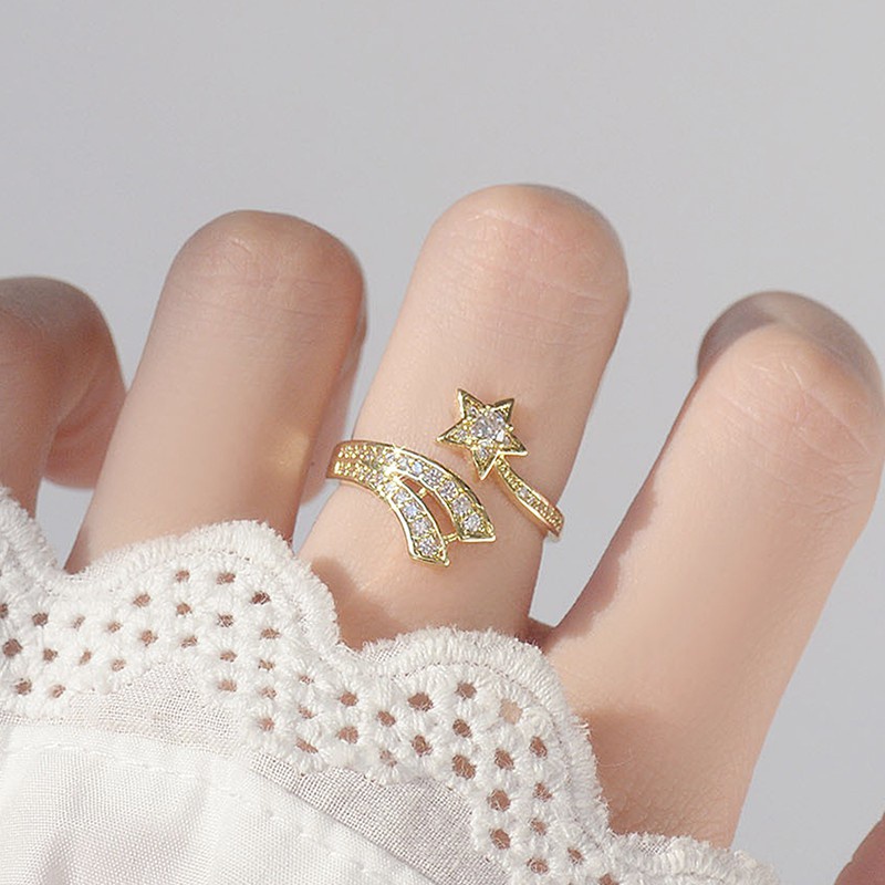 Nhẫn Hở Thiết Kế Ngôi Sao Sao Băng Lấp Lánh Dễ Điều Chỉnh CZ 14K Thật Cho Nữ
