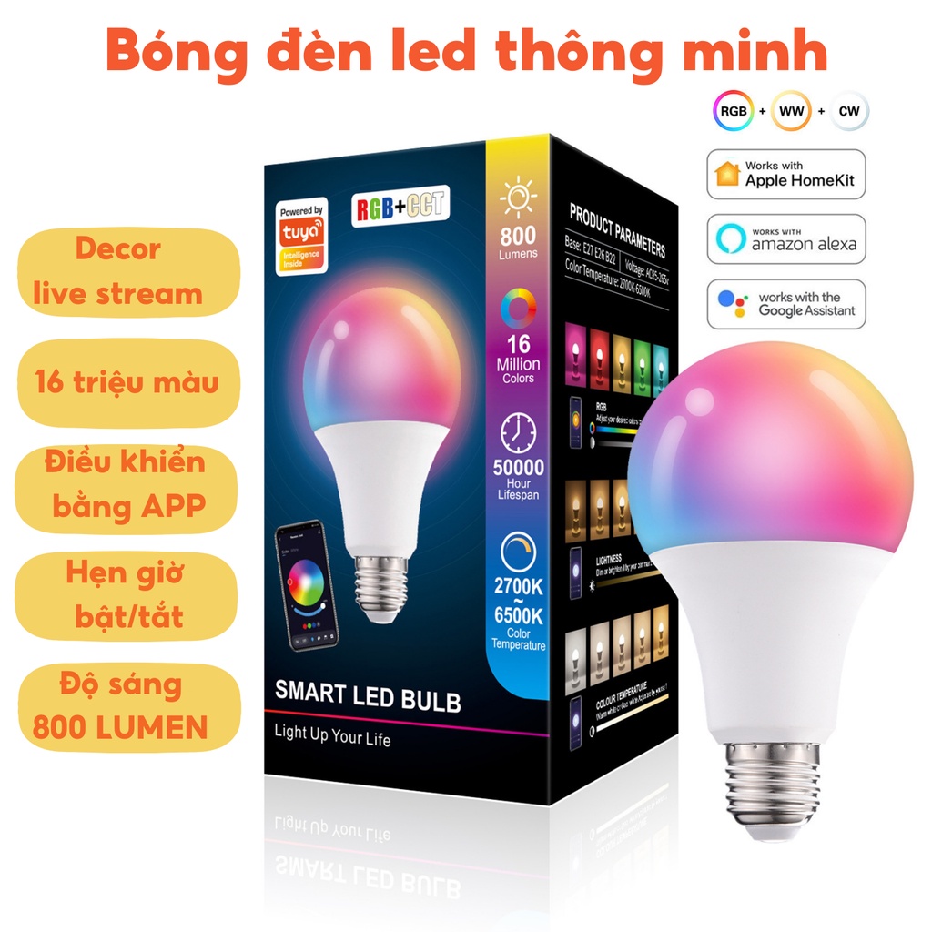 Bóng đèn led thông minh đổi màu decor trang trí góc quay video live stream tiktok điều khiển bằng bluetooth