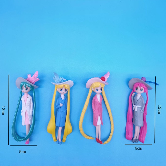 Mô hình thủy thủ mặt trăng, công chúa tóc xanh, tóc hồng trang trí bánh kem sinh nhật, móc khóa, DIY