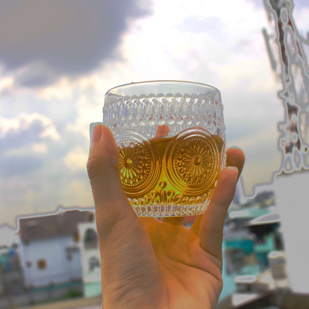 Ly thủy tinh decor cao cấp 265ml Hongli 77309 họa tiết hoa cúc mặt trời ☀️