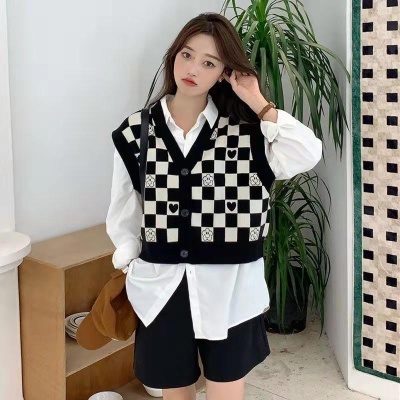 SUXI Áo sweater nữ không tay họa tiết sọc caro thời trang mới mùa thu phong cách Hàn Quốc