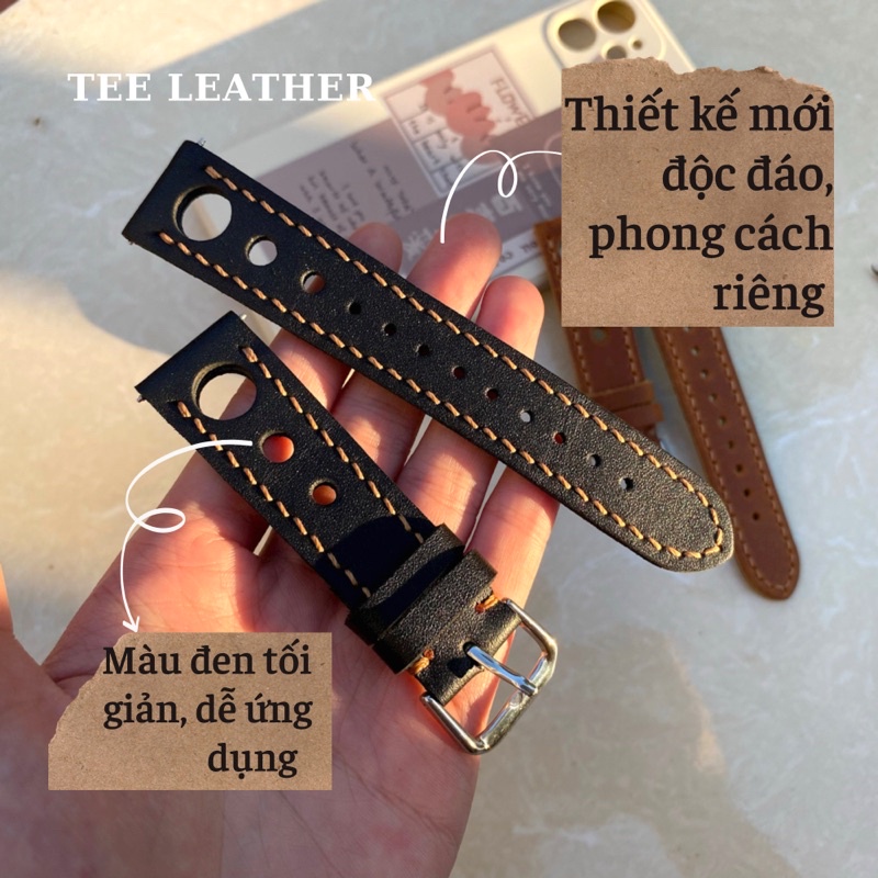 Dây da đồng hồ khâu tay thủ công, dây đồng hồ size 18mm, 20mm, 22mm, 24mm, màu đen - TEE LEATHER