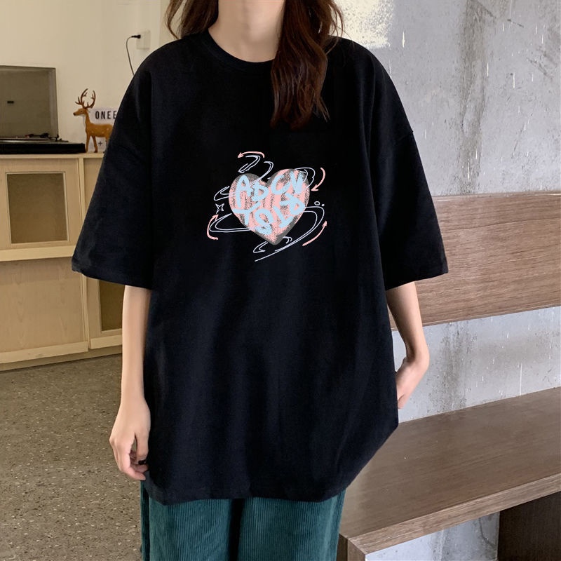 Áo Thun Cotton Ngắn Tay Dáng Rộng Màu Đen Thời Trang Mùa Hè Cho Nữ