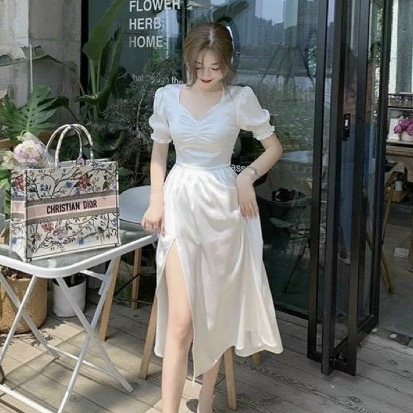 Váy tay ngắn cổ kiểu, chân váy sẻ tà dáng dài maxi cho nàng dự tiệc dạo phố đi biển