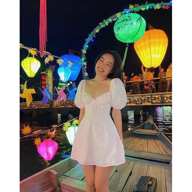 Florence - Đầm vải xô hoạ tiết hoa chìm nhún ngực tay bồng