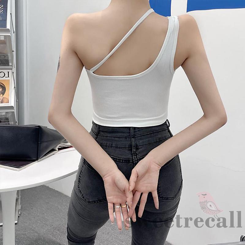Áo croptop không tay dáng ôm có đệm lót ngực thiết kế lệch một bên vai phong cách cá tính cho nữ