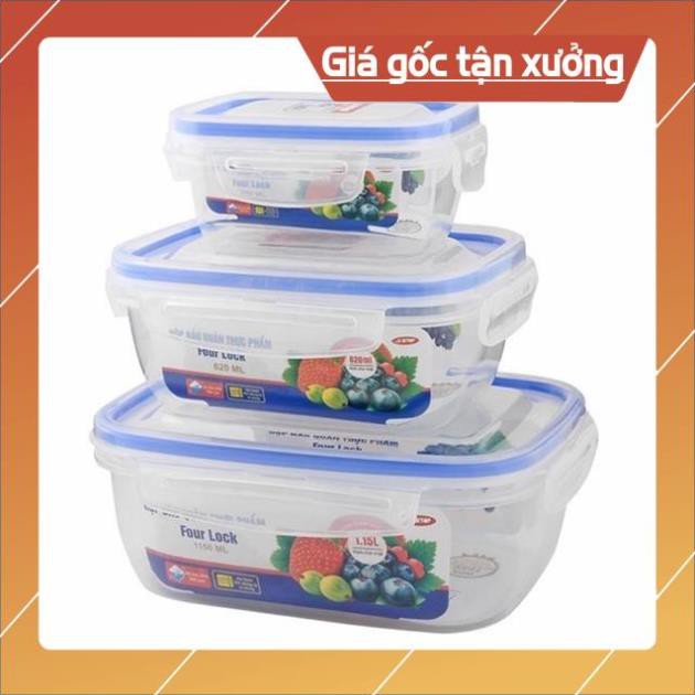 [Rẻ vô địch] Bộ 3 Hộp Đựng Thực Phẩm Four Lock Song Long 2508 Có khóa 4 cạnh, dùng được trong lò vi sóng.