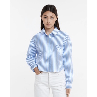 Thebluetshirt - áo sơ mi nữ phom rộng kẻ sọc xanh - oversized fluffy cropped shirt - sky blue stripe