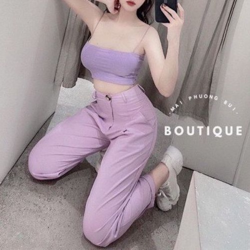 Set bộ PITER MILLAR xuất xịn áo dây thun cotton gân tăm phối quần baggy màu tím