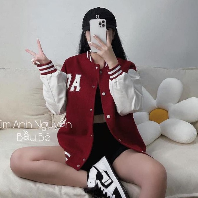 Áo khoác bomber bóng chày ZARA xuất xịn nỉ cotton lót bông tay dài nút giữa đen, đỏ sọc trắng thêu chữ AC