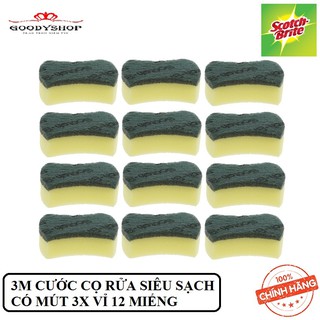 Vỉ 12 Miếng Cước cọ rửa siêu sạch có mút 3X Scotch Brite- 3M