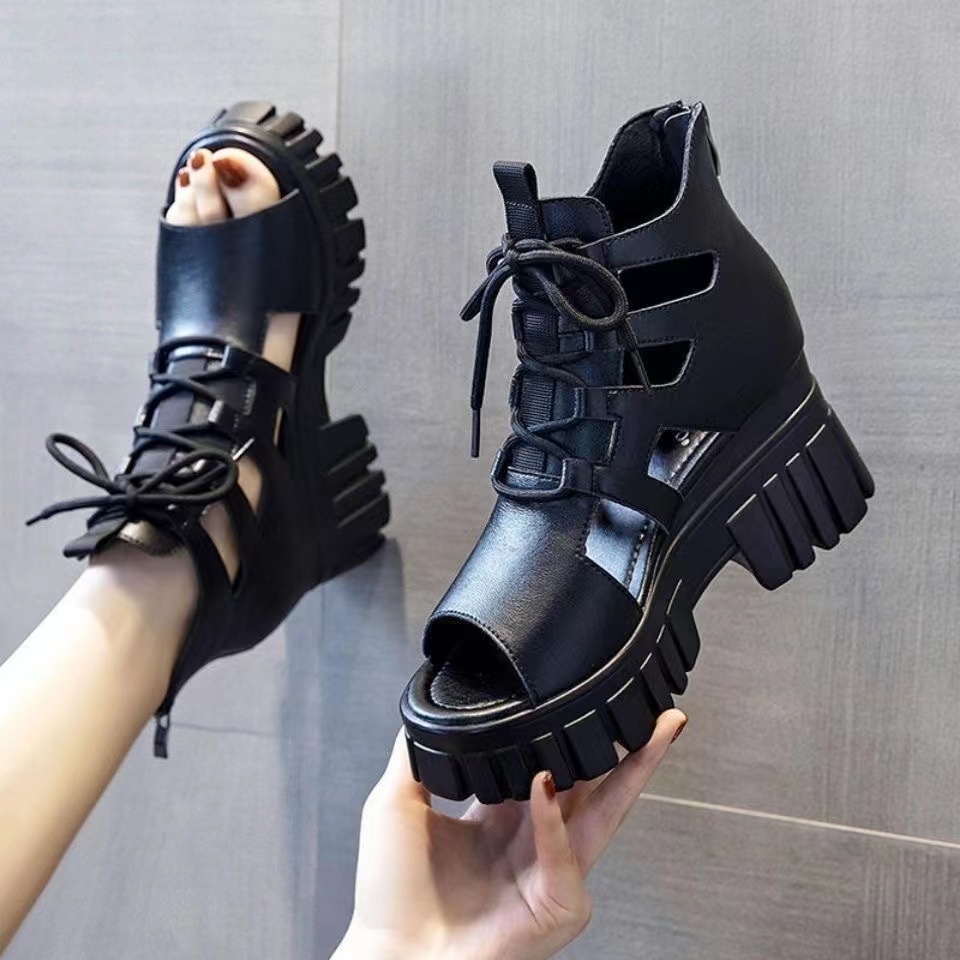 Giày sandal cổ cao đế xuồng nâng chiều cao mùa hè phong cách La Mã mới