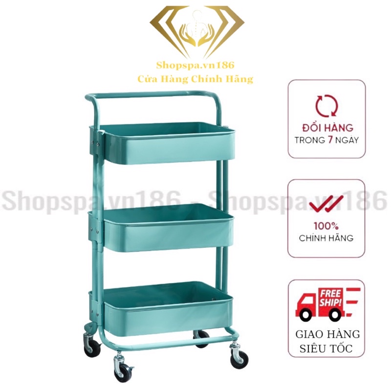 Xe Đẩy 3 Tầng Trang Trí Tiện Lợi Cao Cấp Chính Hãng Đa Năng Nhựa ABS Có Bánh Xe Chịu Lực 50kg  Hồng Xanh Trắng 42*35*87