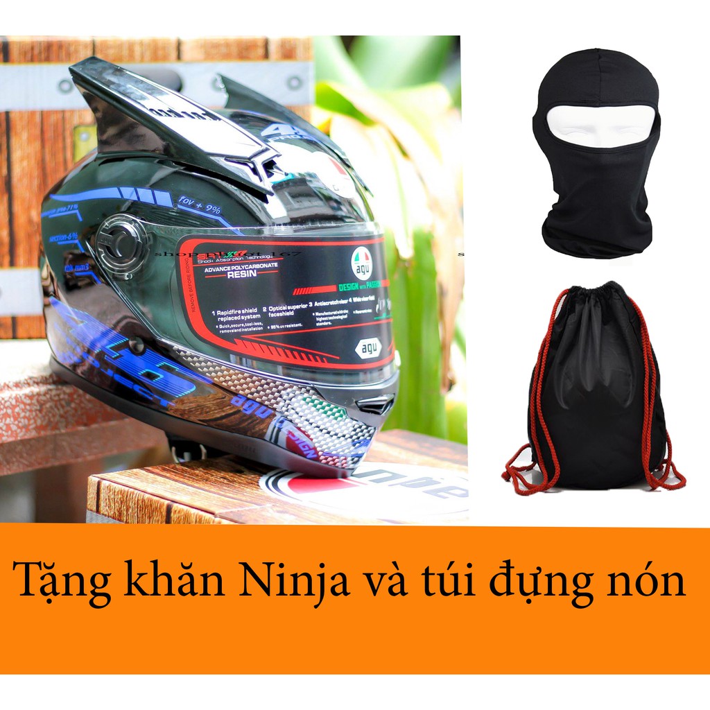 Nón Fullface AGU tem 46 và tai rùa hàng thật 100%, tặng khăn Ninja và Túi đựng nón