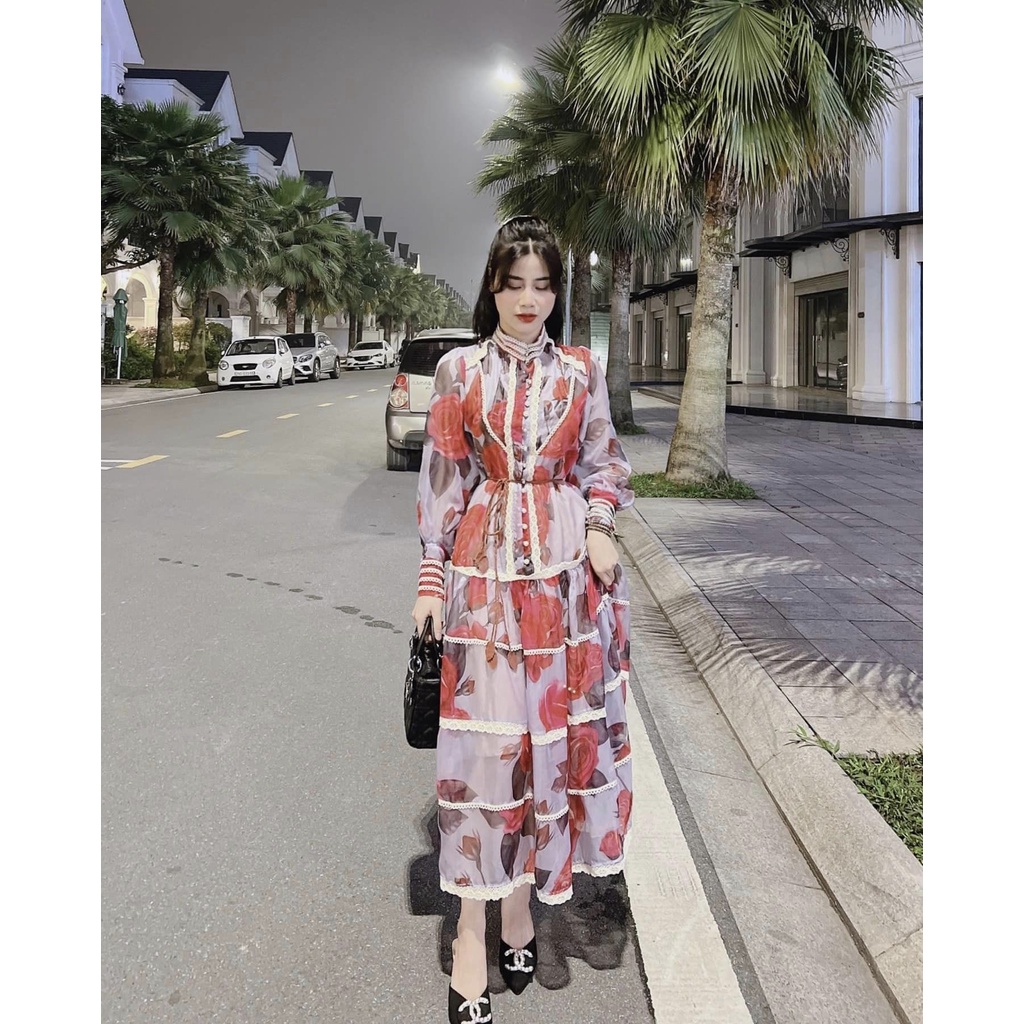 Váy Tơ Hoa Viền Ren Dài Tay siêu xinh