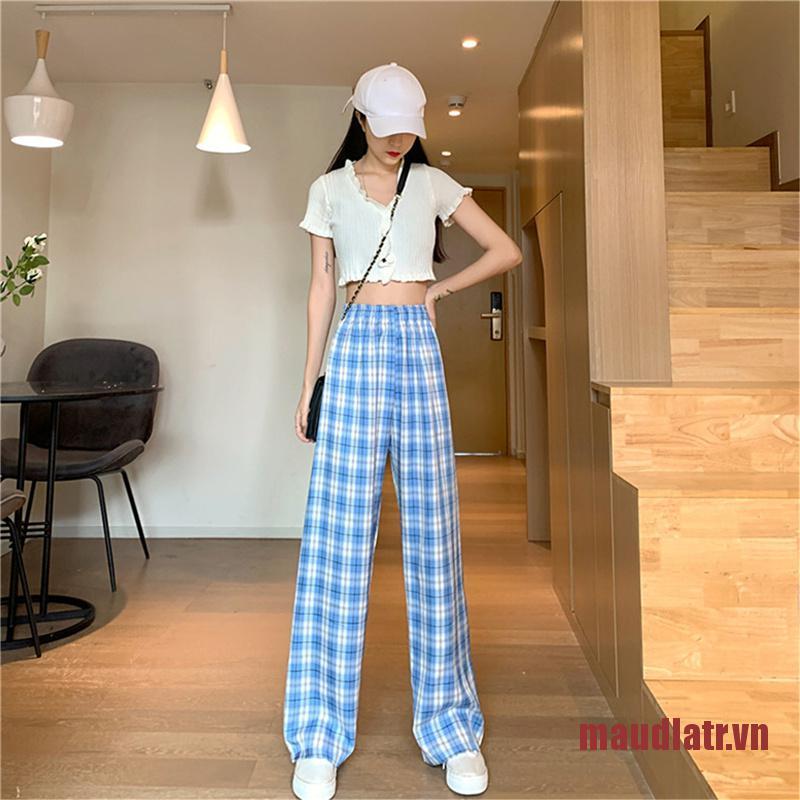 ATRMA Retro Plaid Wide-leg Pants Women Plaid Loose High Waist Wide Leg Long Trou