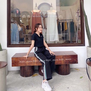 ☀️Set Bộ Quần Suông Sọc + Crop Nút Thêu