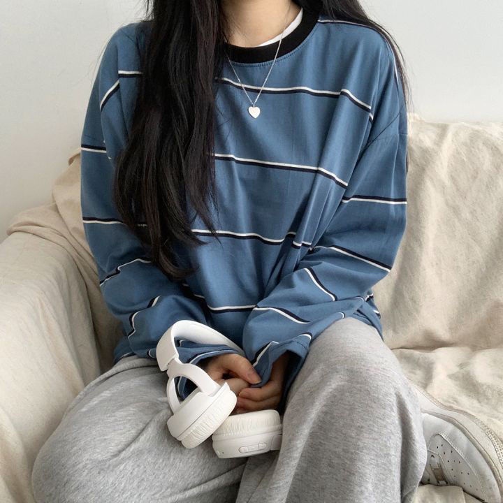 Áo Thun Dài Tay Dáng Rộng Họa Tiết Kẻ Sọc Thiết Kế Mới Thời Trang Theo Phong Cách Hàn Quốc Cho Nữ