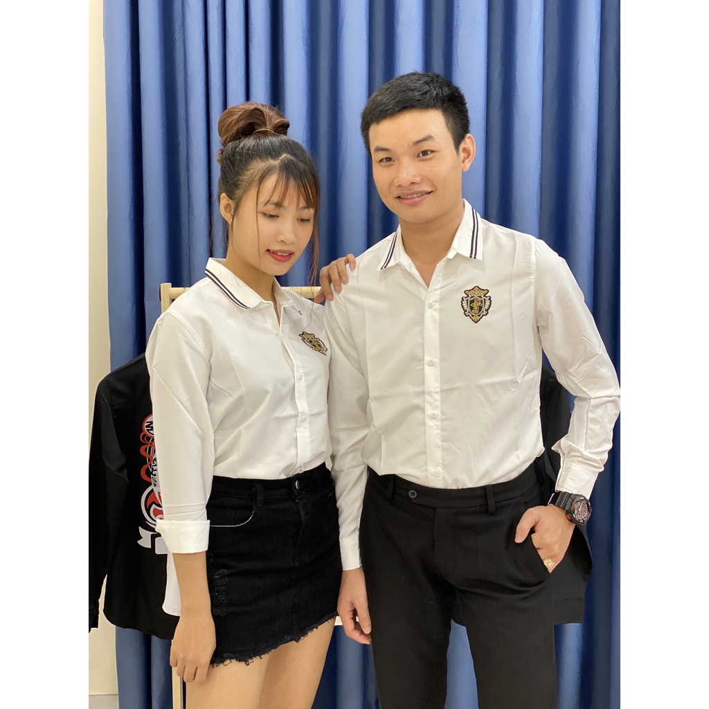 Áo Sơ Mi Nam Nữ cặp đôi dài tay trắng đen thêu logo vải kate lụa | BigBuy360 - bigbuy360.vn