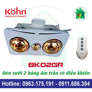 Đèn Sưởi Nhà Tắm 2 Bóng Âm Trần Kohn BK02GR Điều Khiển Từ Xa