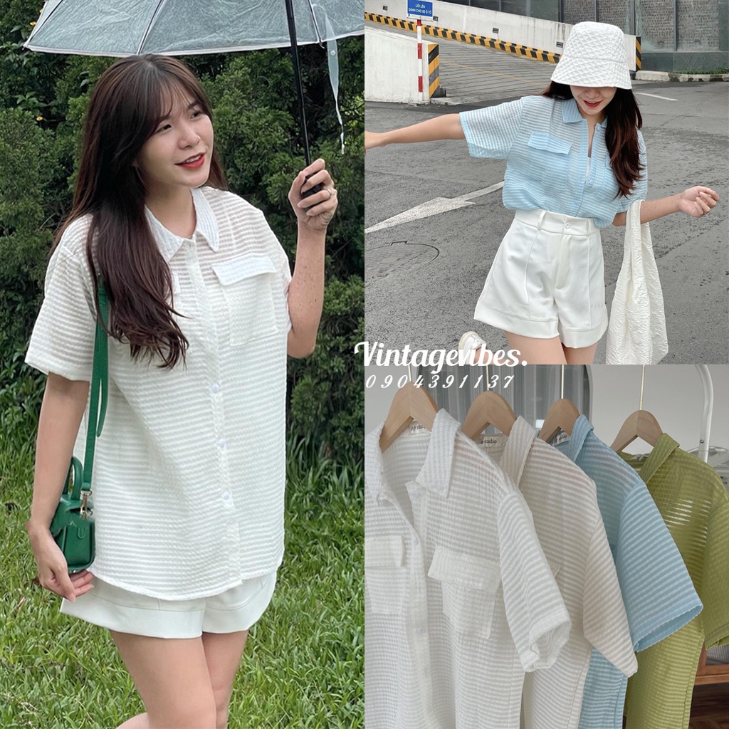 🚛 Áo sơ mi Hàn Quốc chất xốp kẻ chìm tay lỡ dáng rộng Ulzzang  - Ảnh thật 1000%