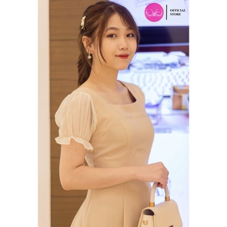 Váy Xòe,Công Sở Cổ Vuông Tay Voan Chun EvaLover