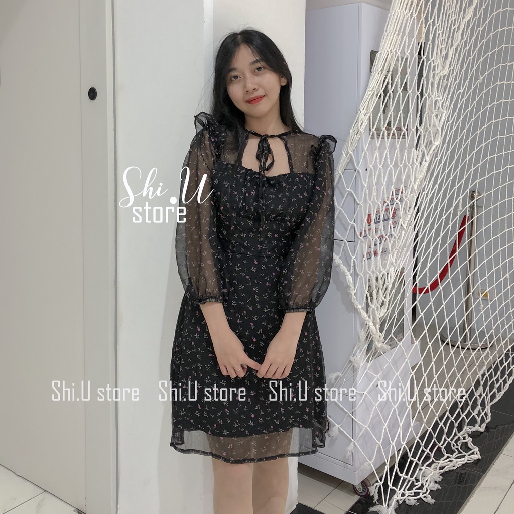 Váy hoa nhí dài tay cổ nơ đầm hoa khoét ngực tay bồng chất voan mềm mịn vintage Hàn Quốc