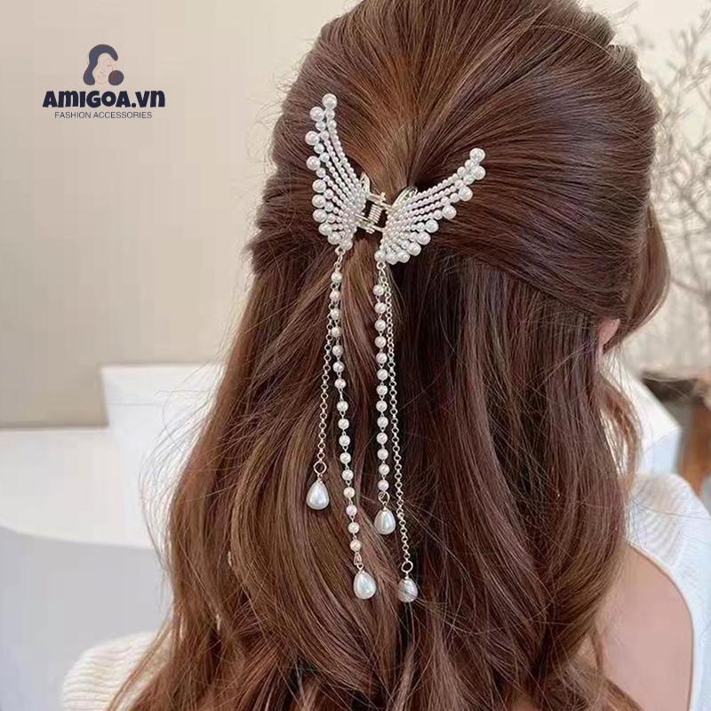 ✨✨Kẹp Tóc Hình Bướm Đính Ngọc Trai Phối Tua Rua Thời Trang Hàn Quốc Ngọt Ngào Cho Nữ