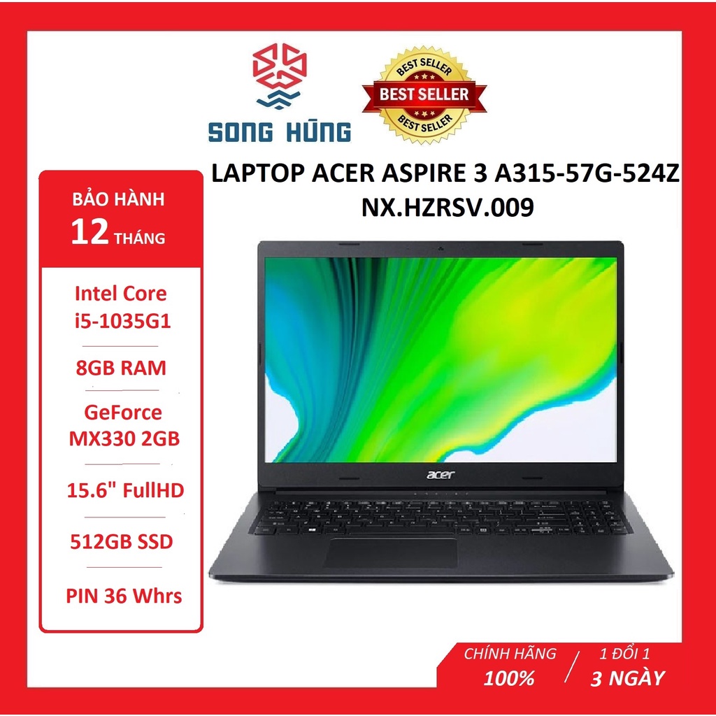 Laptop Acer Aspire 3 A315-57G-524Z NX.HZRSV.009(I5-1035G1/8GB/512GB SSD/15.6 FHD/VGA 2GB/WIN10/ĐEN-CHÍNH HÃNG-BH12 THÁNG