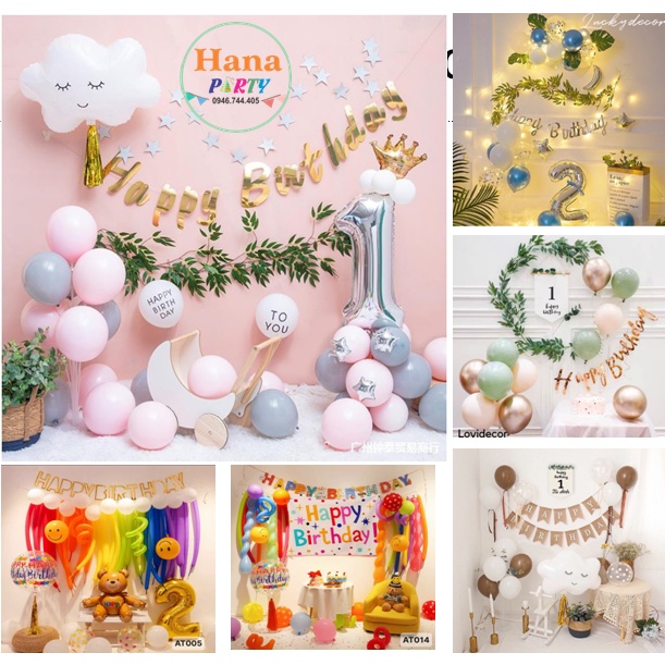 Set bong bóng trang trí sinh nhật Hàn Quốc có lá set bóng dài xoắn phụ kiện trang trí sinh nhật Happy Birthday đẹp