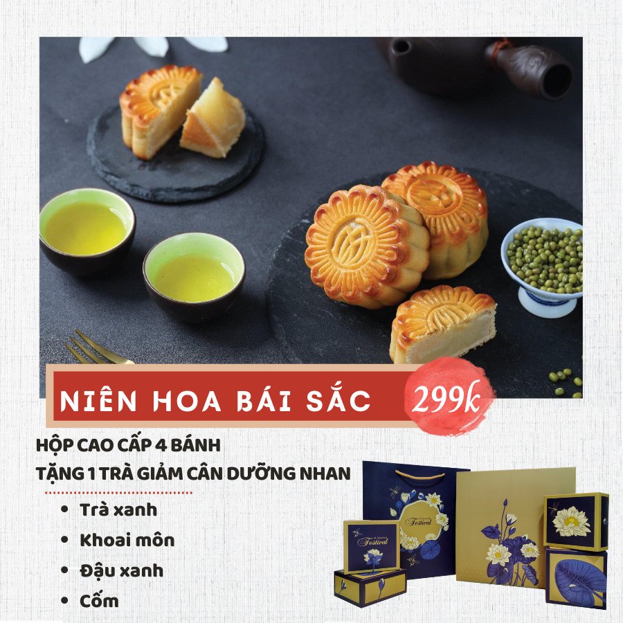 Hộp bánh trung thu Niên Hoa Bái Sắc mẫu mới nhất 2021 - 4 bánh mix vị kèm trà giá rẻ mùa đoàn viên Kỳ Hoa (Since 1918)